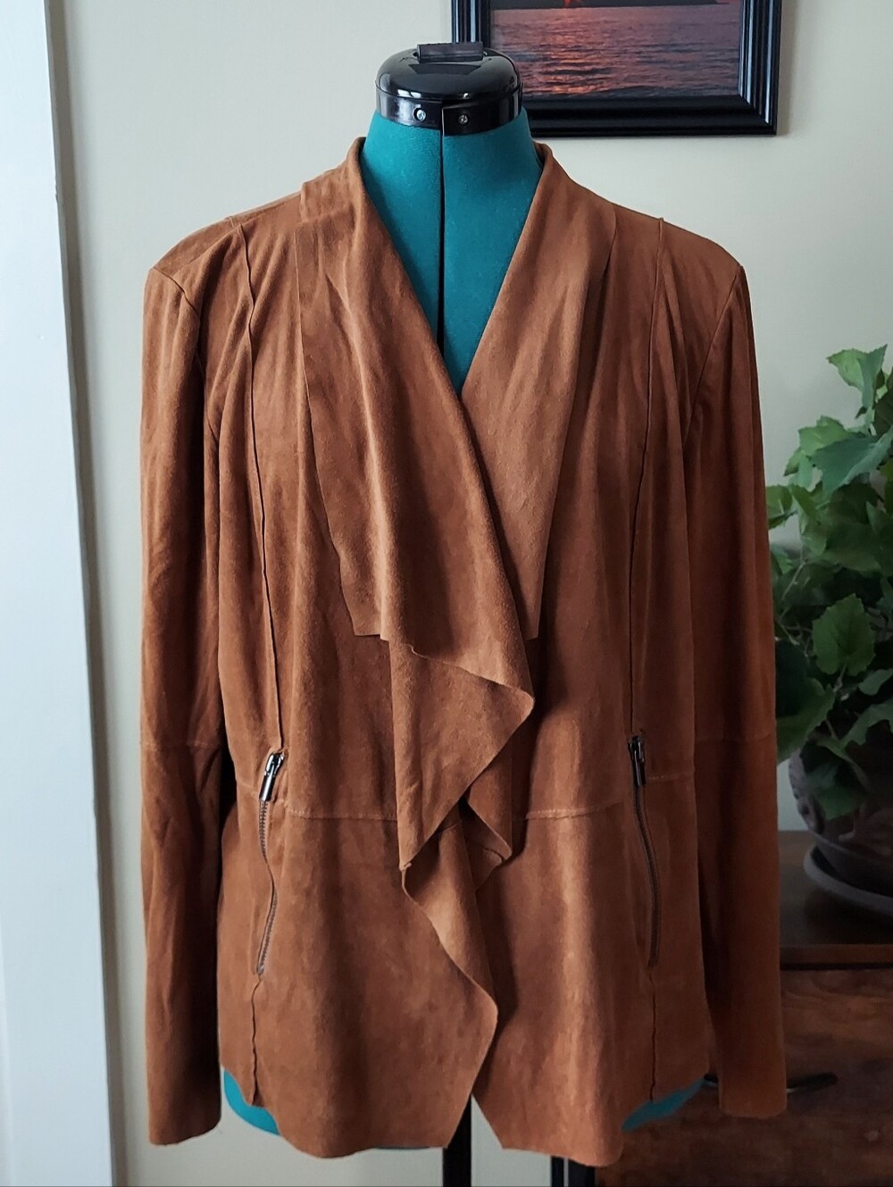 Bagatelle Faux Suede Drape Jacket Brown 1X